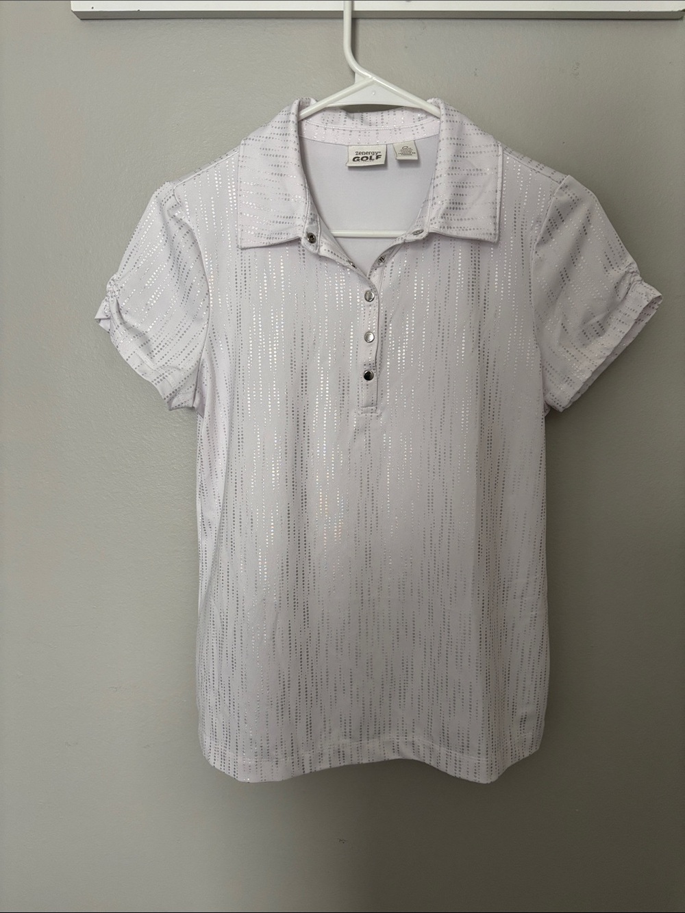 Zenergy Golf by Chico  Silver-Striped White Short Sleeve Button-Down Polo
